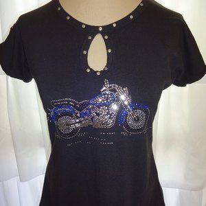 Black Sports Gallery Top Shirt S M Rhinestones Studded Motorcycle Biker Riding